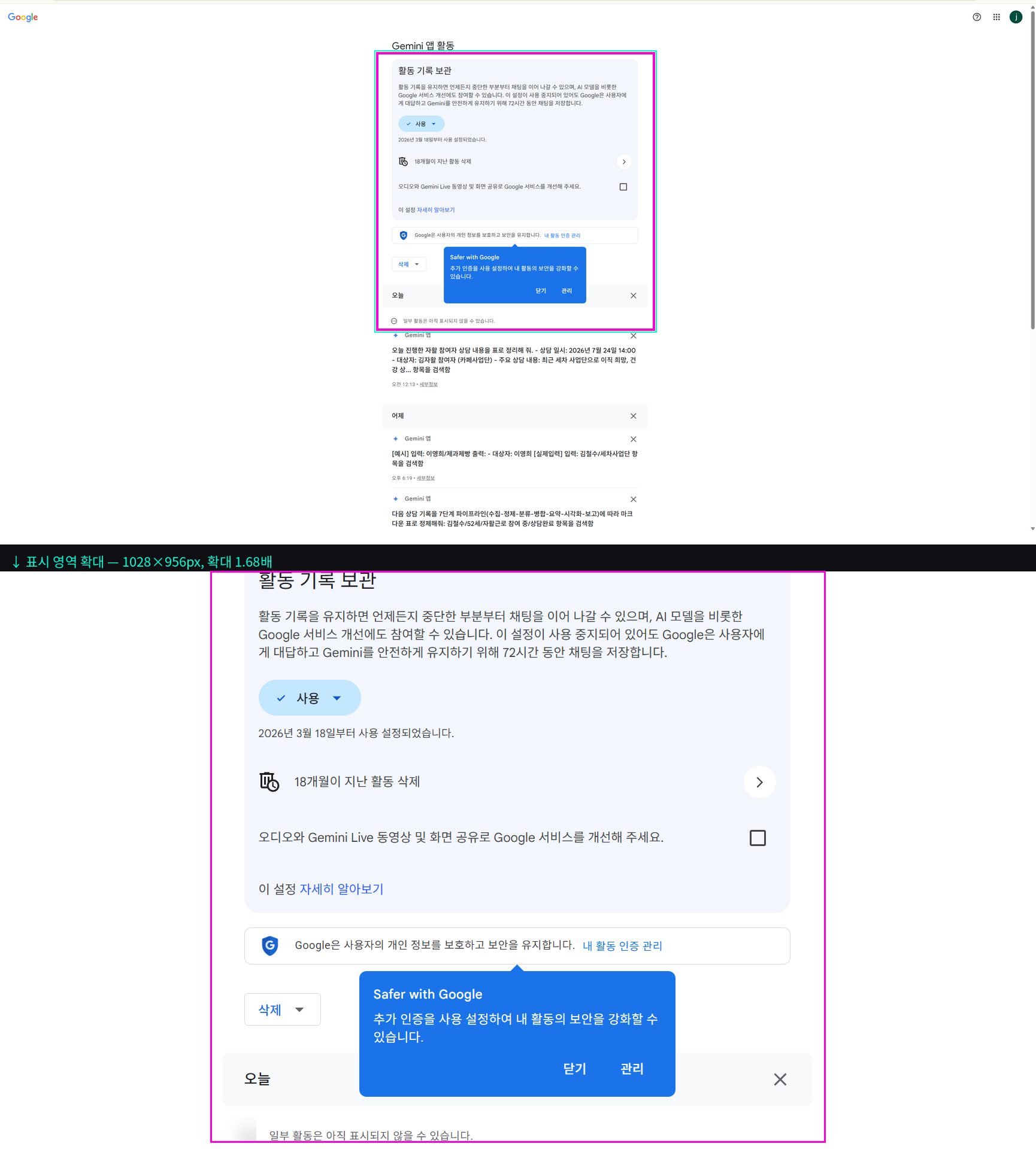 Gemini 활동 관리 및 프라이버시 설정 페이지